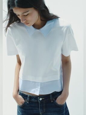 ZARA Classic Layered-effect Short-sleeve Cotton Polo Top Over Button Shirt. L